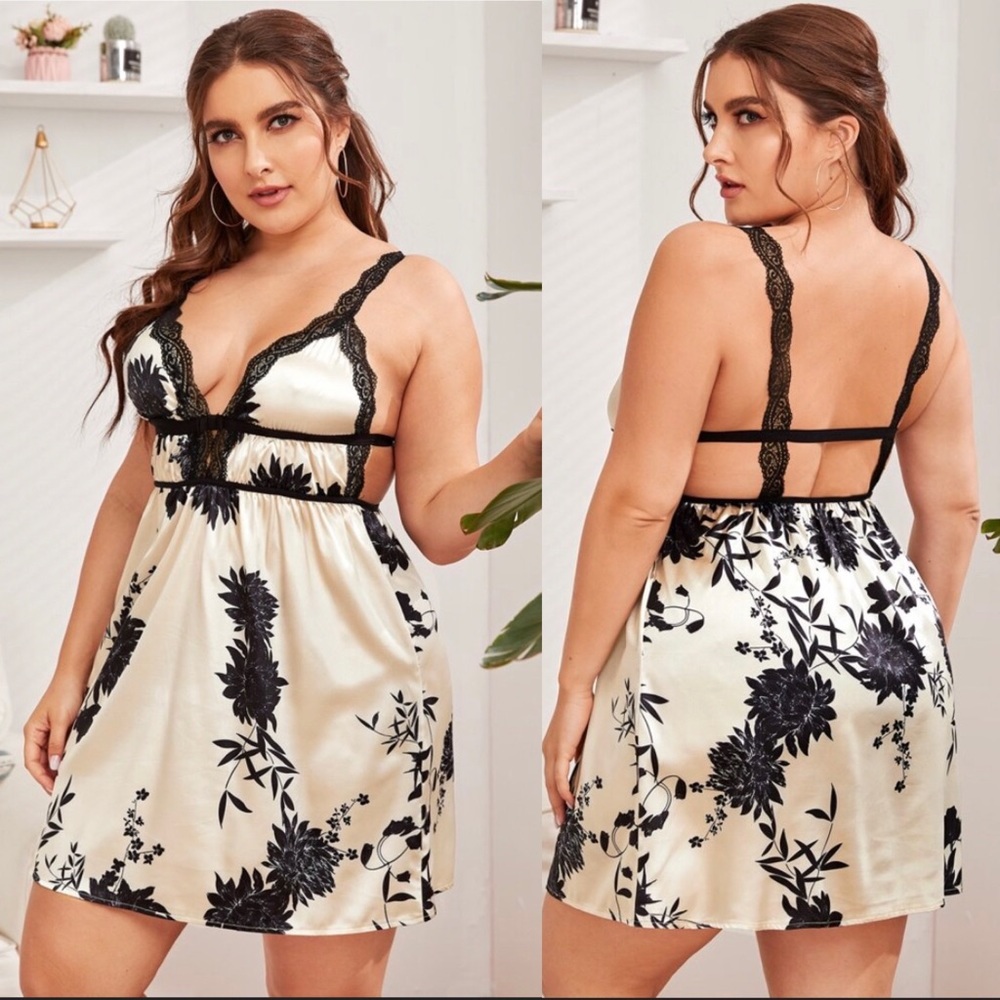 Floral Print Lace Trim Satin Nightdress
